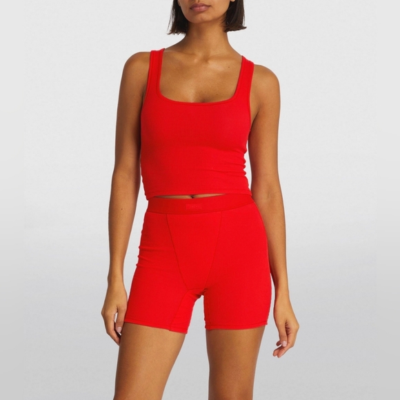 SKIMS Pants - RARE skims ruby red cotton rib shorts tank set